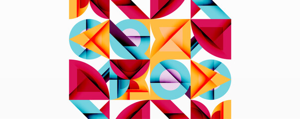 Poster - Abstract geometric shapes overlap, creating vibrant colorful pattern. Triangles, circles, squares dominate composition. Modern design.