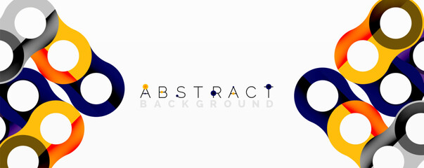 Poster - Modern design features colorful overlapping circles, squares. Bright hues create dynamic visual effect. Minimalist style, clean background.