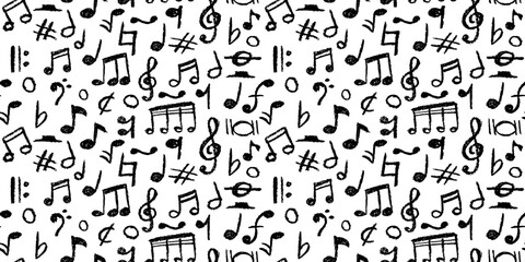 Poster - Seamless pattern of charcoal scribble music notes. Handwritten black pop doodles for fun, vibrant designs. Vector illustration of a cute childish music school pastel or wax pencil signs.