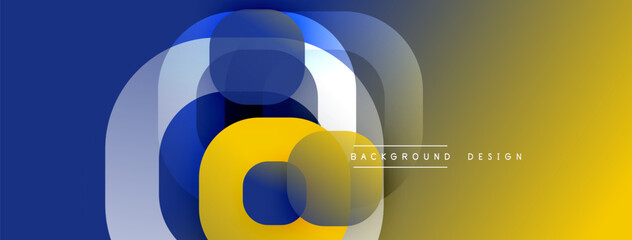 Poster - Abstract design features overlapping circles, gradient colors. Blue transitions to gold. Modern, minimalist aesthetic. Clean composition.