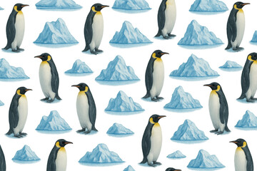 Poster - Emperor penguins forming geometric pattern, floating beside icy blue icebergs, representing antarctic landscape with minimalist graphic design potential
