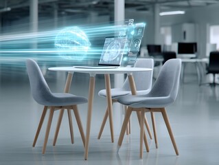 Poster - Cyberpunk themed office with modern tech decor and digital overlay, featuring a blurred view of desks and computers