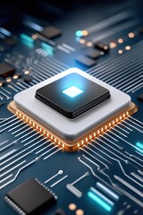 Poster - Close-up of a glowing computer chip on a blue circuit board