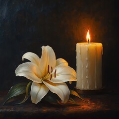 Aufkleber - oil painting close-up of a softly lit lily beside a flickering candle