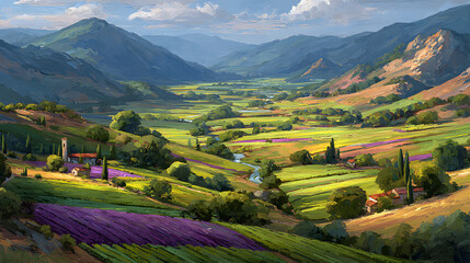 Poster - Scenic landscape with vibrant fields and mountains in the background.