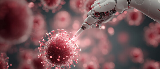 Poster - Robotic arm interacting with a virus cell in a microscopic environment with blurred background cells
