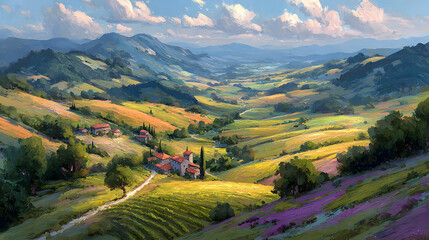 Poster - Vibrant landscape with rolling hills and distant mountains under a cloudy sky.