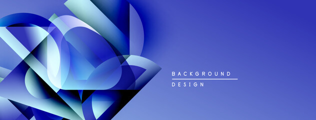 Fototapete - Abstract blue shapes overlap, creating dynamic visual effect. Gradient background adds depth, modern feel. Text indicates design element.