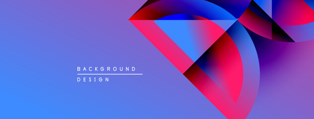 Leinwandbilder - Abstract geometric shapes blend vibrant blues, purples, reds. Gradient background creates dynamic visual effect. Minimal text present.