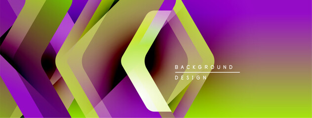 Fototapete - Abstract geometric shapes blend vibrant purple, green, yellow hues. Modern design creates dynamic visual effect. Gradient transitions add depth.