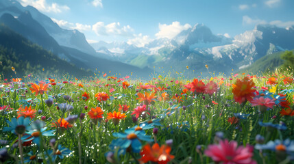 Poster - Vibrant wildflowers bloom in a picturesque mountain landscape.