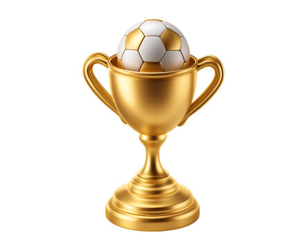 3D icon of a golden cup with a football ball on a transparent background