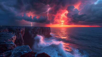 Poster - Dramatic sunset with lightning over crashing ocean waves and rocky cliffs.