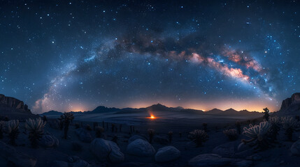 Poster - Starry night sky with mountains and desert landscape below.