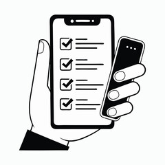 Poster - Hand holding phone displaying checklist app white graphics isolated on white background