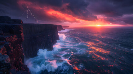 Aufkleber - Dramatic sunset over rocky cliffs with turbulent ocean waves and lightning.