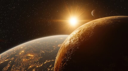cosmic view of earth and a celestial body near the sun.