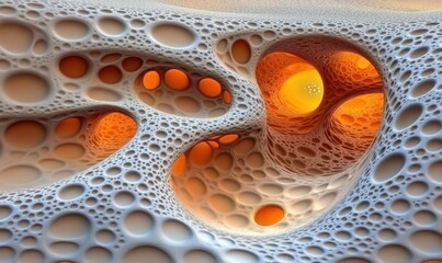 Poster - Abstract 3D cellular structure, glowing interior, cavernous background, science fiction design