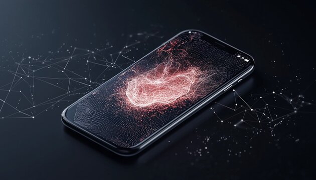Glowing Red Heart Particles on Smartphone Screen, Dark Background