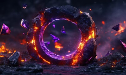 Poster - Fiery volcanic rock portal, dark fantasy background; game design