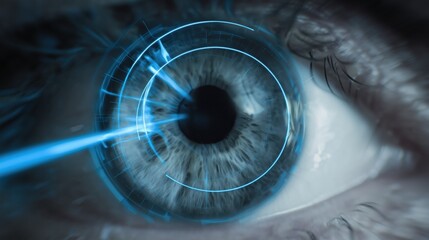 Poster - Stylized Blue Beam Rotating Slowly Over Eye in Abstract Visual Design