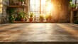 © ROY - Empty wooden table in front of sunny window, plants