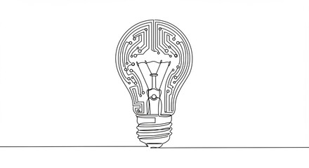 Fototapete - Light Bulb with Circuit Board Design in Single Line Art