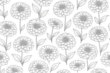 Poster - Elegant seamless pattern with hand-drawn zinnias and verdant leaves, showcasing sophisticated botanical design against transparent backdrop