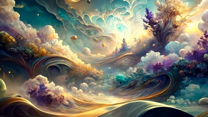 Wall Mural - Whimsical Dreamscape A Journey Through Swirling Clouds, Colorful Trees, and Celestial Wonders