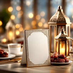 Aufkleber - Elegant Ramadan Setting: Dates, Lanterns, and a Decorative Card with Golden Accents in Warm, Festive Light