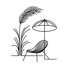 Poster - Minimalist one line outline vector of sun lounger with umbrella, rest area