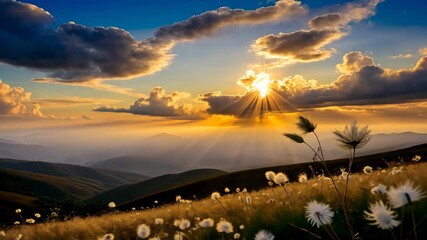 Wall Mural - Golden hour sunlight bursts through clouds over tranquil rolling hills and wildflowers