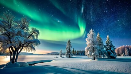 Wall Mural - Aurora Borealis Illuminates a Serene Snowy Landscape at Night with Sparkling Stars Above