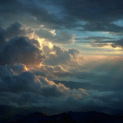 Poster - Majestic clouds illuminated by sunset rays.