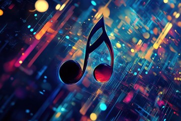 Poster - Vivid abstract display featuring a central music note with colorful background elements and dynamic patterns, Central music note in vivid abstract displaying Photo background