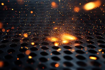 Poster - Metal mesh surface illuminated by sparks creating a dynamic and vibrant background in an industrial setting, metal mesh and sparks able background