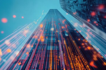 Poster - Skyscraper view with superimposed financial charts illustrating market trends and data analysis, Skyscraper with superimposed financial charts, stock market concept