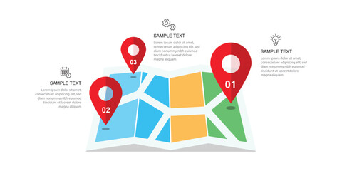 Fototapete - Business infographic template. 3 step journey. With 3 option map design.