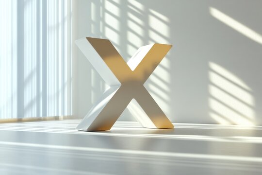 The X is a large white letter that is standing upright on a white floor