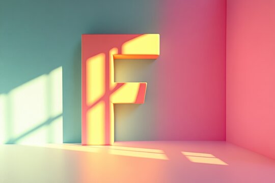 A letter F is shown in a room with a pink wall