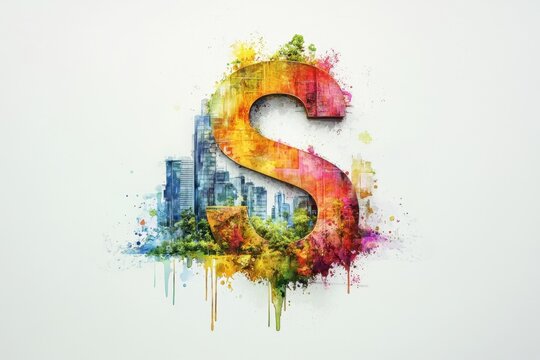 The letter S is made up of a city skyline and a forest