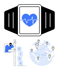 Poster - smartwatch displaying heart rate, person evaluating risk with blocks, globe mapping locations. ideal