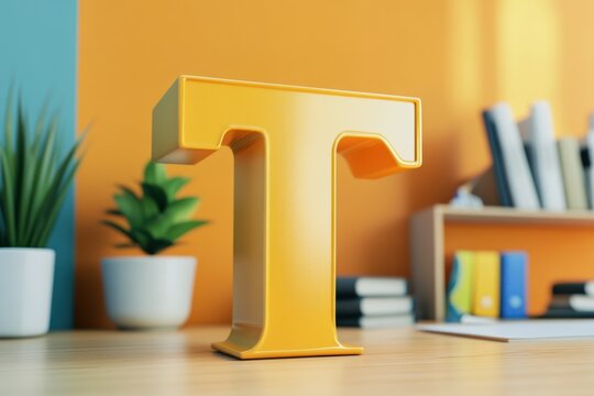 A yellow T is sitting on a desk in front of a bookshelf