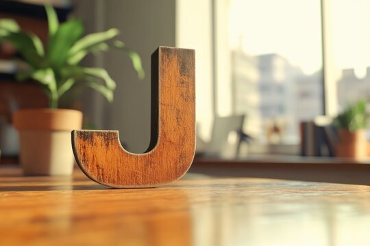 A wooden letter J is sitting on a table
