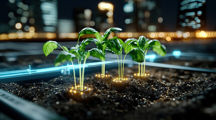 Poster - Cinematic shot of modern urban farm with glowing plants integrated into cityscape at night, showcasing innovation and sustainability