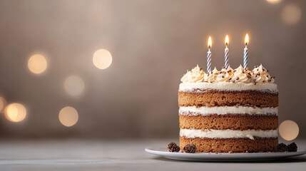 Poster - Closeup of layered birthday cake with candles, captured in warm, festive setting. cake features creamy frosting and decorative sprinkles, creating celebratory atmosphere