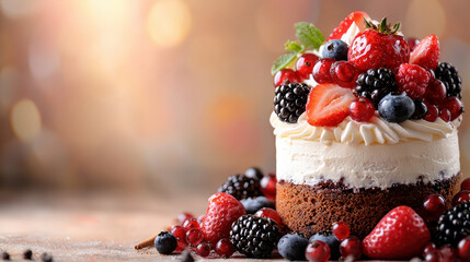 Aufkleber - Fresh fruit cake topped with vibrant berries and whipped cream sits table, surrounded by more berries. cake features strawberries, blueberries, blackberries, and red currants, creating colorful