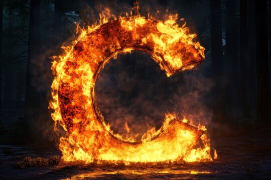The letter C is made of fire and is surrounded by smoke