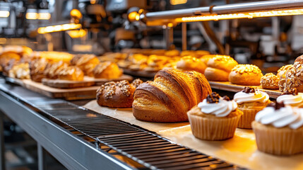 Poster - Variety of freshly baked pastries, including croissants and cupcakes, are displayed metal rack bakery. warm lighting highlights golden crusts and decorative toppings, creating inviting atmosphere