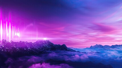 Poster - Vibrant Mountain Landscape with Abstract Colorful Waves in Sky